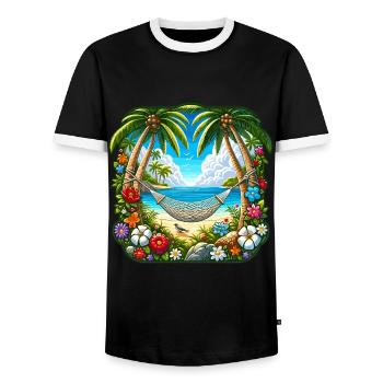 Tropical island with palm trees and hammock - Men's Ringer Shirt - black/white - Front - AI Model Female 172 light (172cm) & AI Model Male 178 light (178cm)