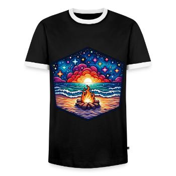 Feu de camp vibrant au bord de la mer - T-shirt contrasté Homme - noir/blanc - Devant - AI Model Female 172 light (172cm) & AI Model Male 178 light (178cm)