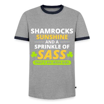 Irish Girl: Shamrocks, Sunshine, & Sass - Men's Ringer Shirt - grey/navy  - Front - AI Model Female 172 light (172cm) & AI Model Male 178 light (178cm)