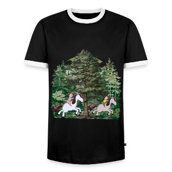 Girl riding pony horses forest nature leisure time - Men's Ringer Shirt - black/white - Front - AI Model Female 172 light (172cm) & AI Model Male 178 light (178cm)