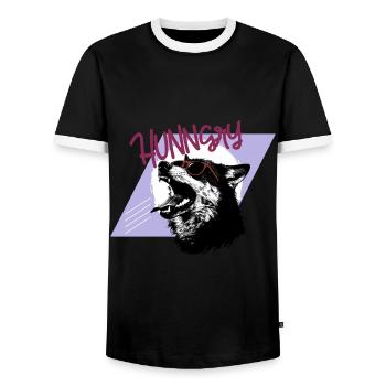 Hungry Like a Wolf - Retro 80s - Men's Ringer Shirt - black/white - Front - AI Model Female 172 light (172cm) & AI Model Male 178 light (178cm)