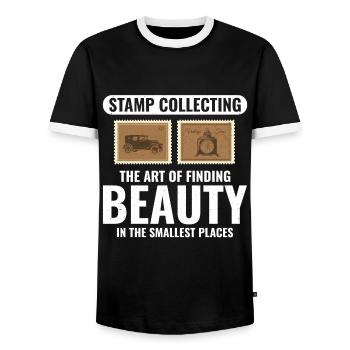 Stamp Collector Collecting Hobby Philatelist - Men's Ringer Shirt - black/white - Front - AI Model Female 172 light (172cm) & AI Model Male 178 light (178cm)