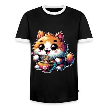 Cat Ramen Kawaii Anime - Men's Ringer Shirt - black/white - Front - AI Model Female 172 light (172cm) & AI Model Male 178 light (178cm)