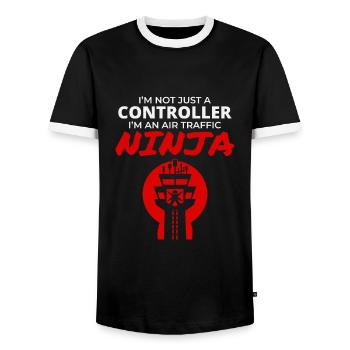 Air Traffic Controller Ninja ATC Aviation Humor - Men's Ringer Shirt - black/white - Front - AI Model Female 172 light (172cm) & AI Model Male 178 light (178cm)
