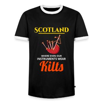Instrument de joueur de cornemuse Kilts écossais - T-shirt contrasté Homme - noir/blanc - Devant - AI Model Female 172 light (172cm) & AI Model Male 178 light (178cm)