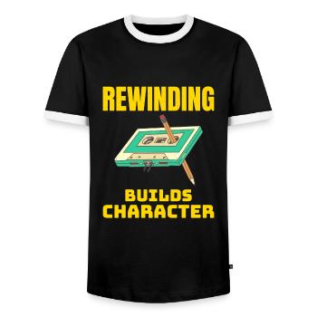 Kassette Tape Zurückspulen 80er Nostalgie Retro 1980er Jahre - Männer Kontrast-T-Shirt - Schwarz/Weiß - Vorne - AI Model Female 172 light (172cm) & AI Model Male 178 light (178cm)