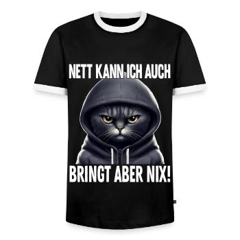 Spruch Katze Geschenk - Nett kann ich auch bringt - Männer Kontrast-T-Shirt - Schwarz/Weiß - Vorne - AI Model Female 172 light (172cm) & AI Model Male 178 light (178cm)