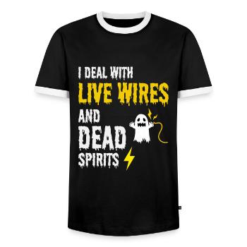 Electrician Halloween Humor Live Wires Dead Ghost - Men's Ringer Shirt - black/white - Front - AI Model Female 172 light (172cm) & AI Model Male 178 light (178cm)