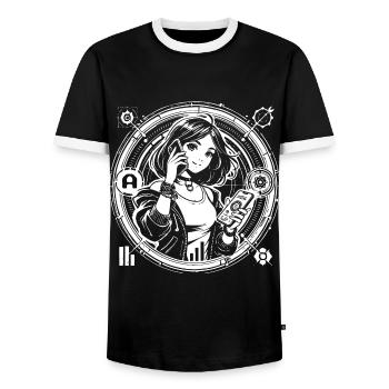 Generation Alpha – The Future Starts Now - Men's Ringer Shirt - black/white - Front - AI Model Female 172 light (172cm) & AI Model Male 178 light (178cm)
