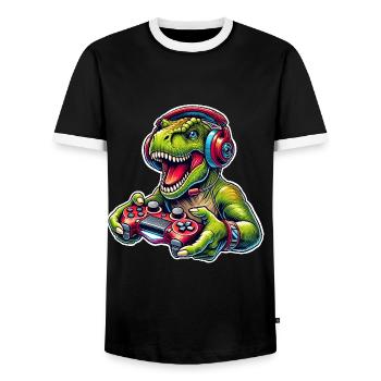 T Rex Gamer Gaming Dinosaur - Men's Ringer Shirt - black/white - Front - AI Model Female 172 light (172cm) & AI Model Male 178 light (178cm)