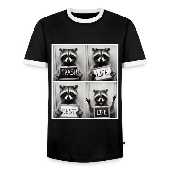 Raccoon – Trash Life Best Life - Men's Ringer Shirt - black/white - Front - AI Model Female 172 light (172cm) & AI Model Male 178 light (178cm)