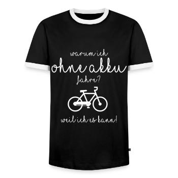 Warum ich ohne Akku fahre? - Männer Kontrast-T-Shirt - Schwarz/Weiß - Vorne - AI Model Female 172 light (172cm) & AI Model Male 178 light (178cm)