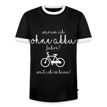 Warum ich ohne Akku fahre? - Männer Kontrast-T-Shirt - Schwarz/Weiß - Vorne - AI Model Female 172 light (172cm) & AI Model Male 178 light (178cm)