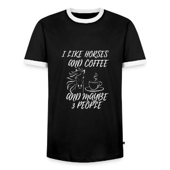 I like Horses and Coffee and maybe 3 people. - Men's Ringer Shirt - black/white - Front - AI Model Female 172 light (172cm) & AI Model Male 178 light (178cm)