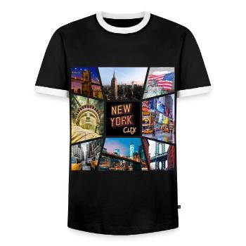 New York City USA America City Skyline Collage - Men's Ringer Shirt - black/white - Front - AI Model Female 172 light (172cm) & AI Model Male 178 light (178cm)