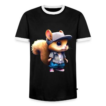 Un adorable écureuil chibi en tenue urbaine - T-shirt contrasté Homme - noir/blanc - Devant - AI Model Female 172 light (172cm) & AI Model Male 178 light (178cm)