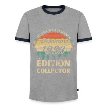 Anniversaire 70ans Décembre 1953 édition collector - T-shirt contrasté Homme - gris/marine  - Devant - AI Model Female 172 light (172cm) & AI Model Male 178 light (178cm)