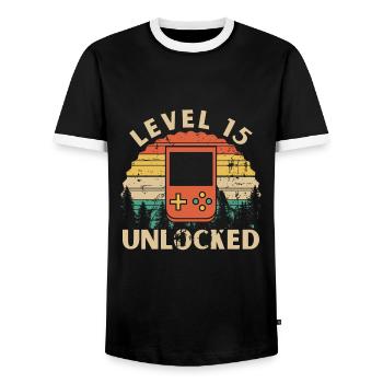 Level 15 freigeschaltet - Männer Kontrast-T-Shirt - Schwarz/Weiß - Vorne - AI Model Female 172 light (172cm) & AI Model Male 178 light (178cm)