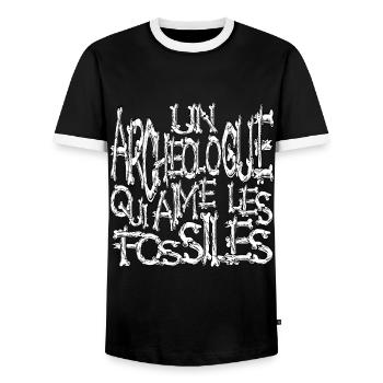 Un archéologue qui aime les fossiles thème horreur - T-shirt contrasté Homme - noir/blanc - Devant - AI Model Female 172 light (172cm) & AI Model Male 178 light (178cm)