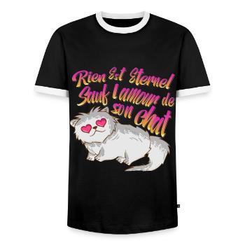 Rien est éternel sauf l'amour de son chat miaou - T-shirt contrasté Homme - noir/blanc - Devant - AI Model Female 172 light (172cm) & AI Model Male 178 light (178cm)