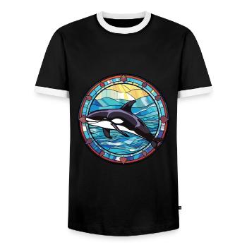 Orca Colorful Watercolor Animal Pet Illustration - Men's Ringer Shirt - black/white - Front - AI Model Female 172 light (172cm) & AI Model Male 178 light (178cm)
