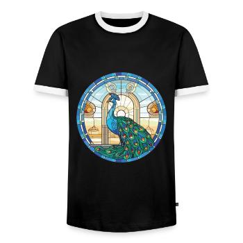 Peacock Colorful Watercolor Animal Illustration - Men's Ringer Shirt - black/white - Front - AI Model Female 172 light (172cm) & AI Model Male 178 light (178cm)