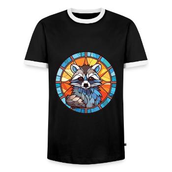 Raccoon Colorful Watercolor Animal Illustration - Men's Ringer Shirt - black/white - Front - AI Model Female 172 light (172cm) & AI Model Male 178 light (178cm)