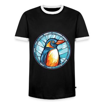 Penguin Colorful Watercolor Animal Illustration - Men's Ringer Shirt - black/white - Front - AI Model Female 172 light (172cm) & AI Model Male 178 light (178cm)