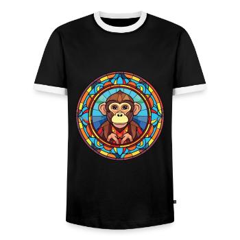 Monkey Colorful Watercolor Animal Pet Illustration - Men's Ringer Shirt - black/white - Front - AI Model Female 172 light (172cm) & AI Model Male 178 light (178cm)