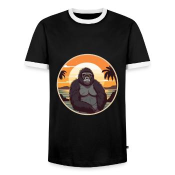 Gorilla Funny Cartoon Kawaii Beach Illustration - Men's Ringer Shirt - black/white - Front - AI Model Female 172 light (172cm) & AI Model Male 178 light (178cm)