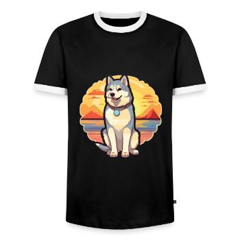 Husky Dog Funny Cartoon Kawaii Beach Illustration - T-shirt contrasté Homme - noir/blanc - Devant - AI Model Female 172 light (172cm) & AI Model Male 178 light (178cm)