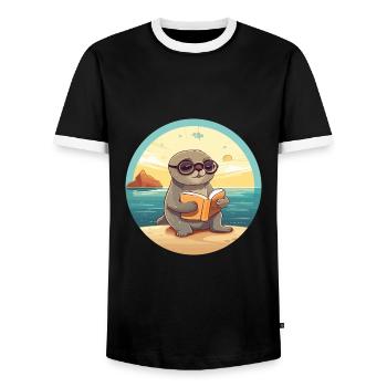 Siegel Niedliche Lustige Karikatur Kawaii Buch Strand - Männer Kontrast-T-Shirt - Schwarz/Weiß - Vorne - AI Model Female 172 light (172cm) & AI Model Male 178 light (178cm)