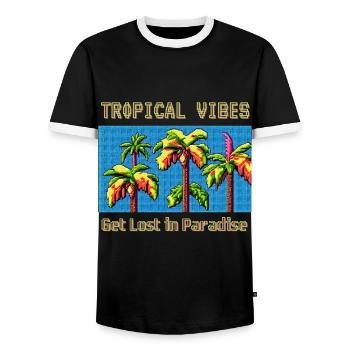 TROPICAL VIBES Get Lost in Paradise - Men's Ringer Shirt - black/white - Front - AI Model Female 172 light (172cm) & AI Model Male 178 light (178cm)