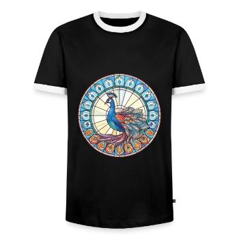Pfau Buntes Aquarell Tier Illustration - Männer Kontrast-T-Shirt - Schwarz/Weiß - Vorne - AI Model Female 172 light (172cm) & AI Model Male 178 light (178cm)