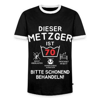 Dieser Metzger ist 70. Schonend behandeln - Männer Kontrast-T-Shirt - Schwarz/Weiß - Vorne - AI Model Female 172 light (172cm) & AI Model Male 178 light (178cm)