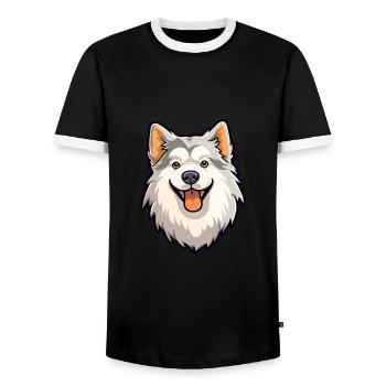 Hokkaido Dog Breed Cartoon Kawaii Illustration - Men's Ringer Shirt - black/white - Front - AI Model Female 172 light (172cm) & AI Model Male 178 light (178cm)
