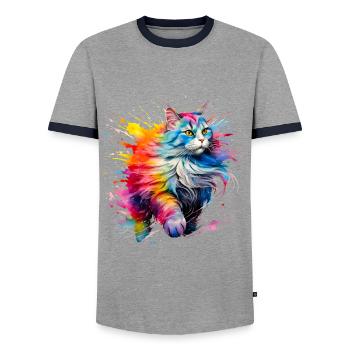 Cat, Maine Coon - Men's Ringer Shirt - grey/navy  - Front - AI Model Female 172 light (172cm) & AI Model Male 178 light (178cm)