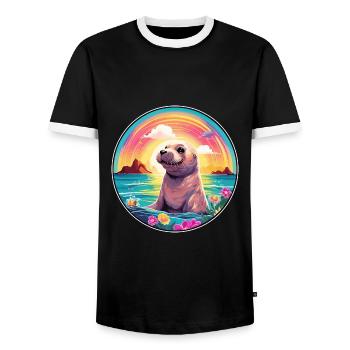 Seal Colorful Watercolor Cartoon Kawaii Animal - Men's Ringer Shirt - black/white - Front - AI Model Female 172 light (172cm) & AI Model Male 178 light (178cm)