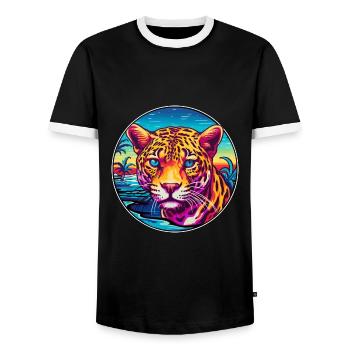 Jaguar Colorful Watercolor Cartoon Kawaii Animal - Men's Ringer Shirt - black/white - Front - AI Model Female 172 light (172cm) & AI Model Male 178 light (178cm)