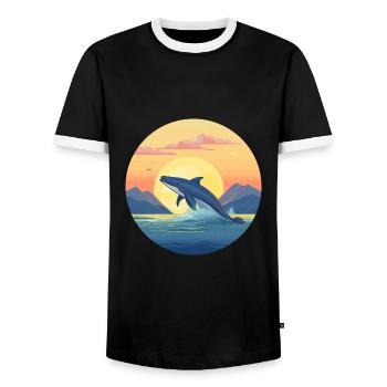 Blue Whale Colorful Watercolor Cartoon Kawaii Pet - Men's Ringer Shirt - black/white - Front - AI Model Female 172 light (172cm) & AI Model Male 178 light (178cm)