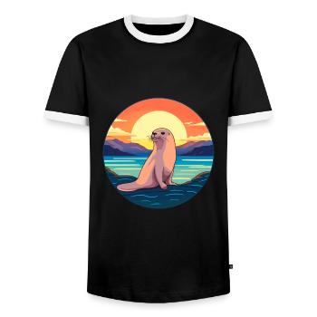 Seal Colorful Watercolor Cartoon Kawaii Animal - Men's Ringer Shirt - black/white - Front - AI Model Female 172 light (172cm) & AI Model Male 178 light (178cm)