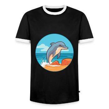 Dolphin Watercolor Cartoon Kawaii Clipart Animal - Men's Ringer Shirt - black/white - Front - AI Model Female 172 light (172cm) & AI Model Male 178 light (178cm)