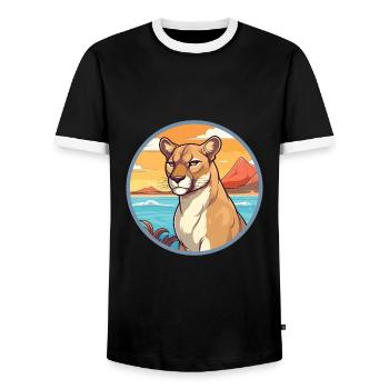 Cougar Watercolor Cartoon Kawaii Clipart Animal - Men's Ringer Shirt - black/white - Front - AI Model Female 172 light (172cm) & AI Model Male 178 light (178cm)