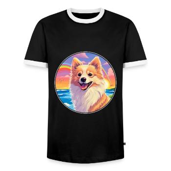 German Spitz Dog Breed Colorful Cartoon Watercolor - Men's Ringer Shirt - black/white - Front - AI Model Female 172 light (172cm) & AI Model Male 178 light (178cm)