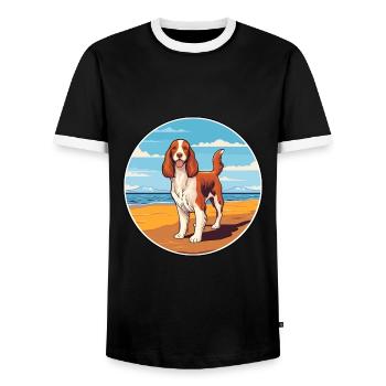 Welsh Springer Spaniel Dog Breed Cartoon Kawaii - Men's Ringer Shirt - black/white - Front - AI Model Female 172 light (172cm) & AI Model Male 178 light (178cm)