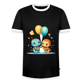 Turtles Kawaii Cartoon Pet Playing With Balloons - Men's Ringer Shirt - black/white - Front - AI Model Female 172 light (172cm) & AI Model Male 178 light (178cm)