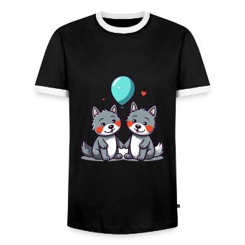 Wölfe Kawaii Cartoon Haustier spielt mit Luftballons - Männer Kontrast-T-Shirt - Schwarz/Weiß - Vorne - AI Model Female 172 light (172cm) & AI Model Male 178 light (178cm)