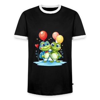Frogs Kawaii Cartoon Pet Playing With Balloons - Men's Ringer Shirt - black/white - Front - AI Model Female 172 light (172cm) & AI Model Male 178 light (178cm)