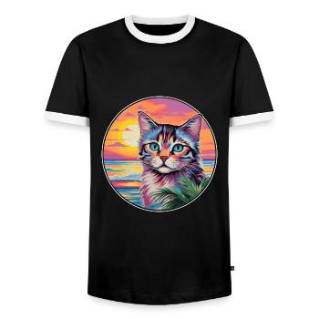 Australian Mist Cat Aquarelle Dessin animé Kawaii - T-shirt contrasté Homme - noir/blanc - Devant - AI Model Female 172 light (172cm) & AI Model Male 178 light (178cm)