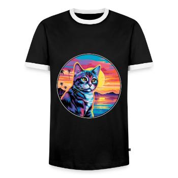 Chypre Chat Race Aquarelle Dessin Animé Kawaii Pet - T-shirt contrasté Homme - noir/blanc - Devant - AI Model Female 172 light (172cm) & AI Model Male 178 light (178cm)